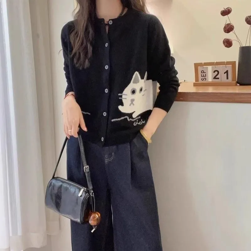 設計感長袖圓領可愛時尚卡通刺繡針織開衫