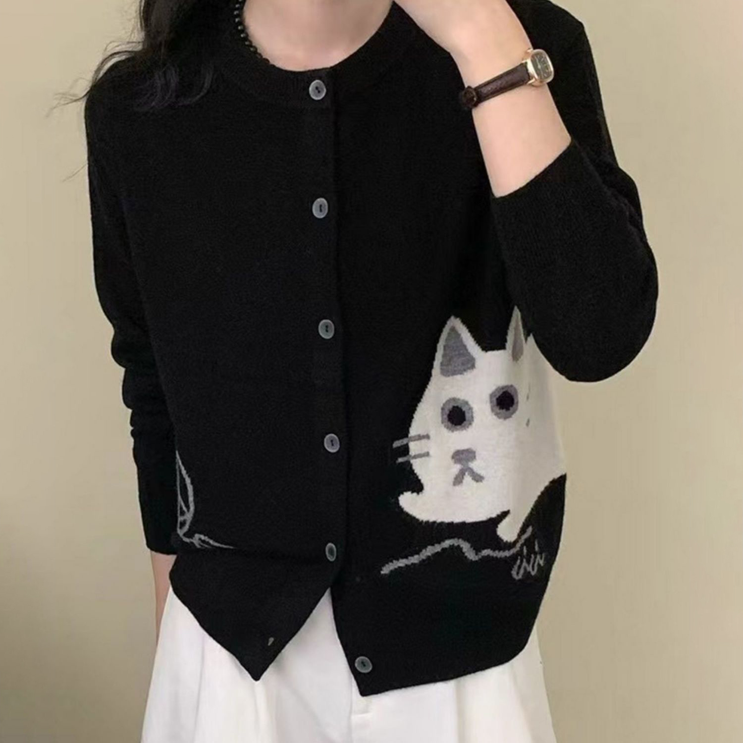 設計感長袖圓領可愛時尚卡通刺繡針織開衫