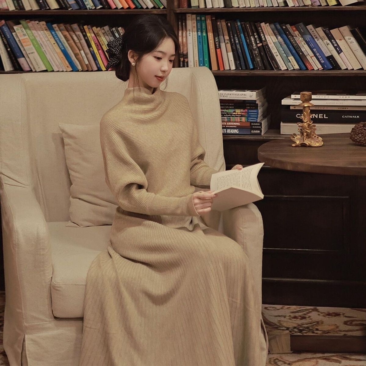 【單件/套裝】小香風法式高領針織毛衣+高腰半身長裙兩件套