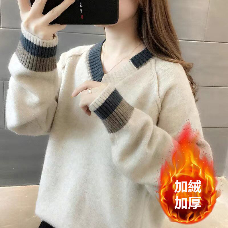 韓版寬鬆顯瘦外穿套頭針織打底v領毛衣