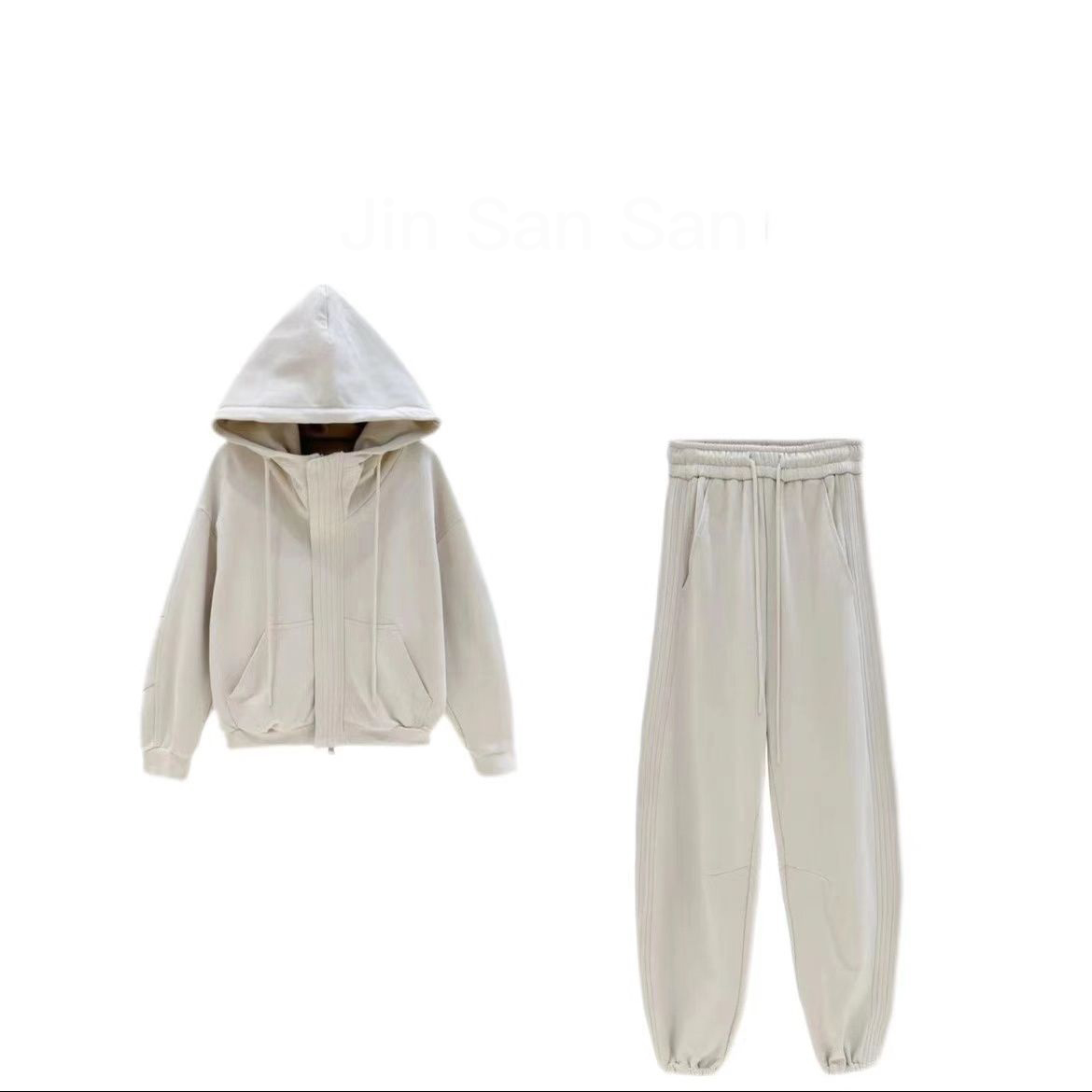 【整套】加厚刷毛時尚長袖連帽外套+休閒長褲兩件套裝