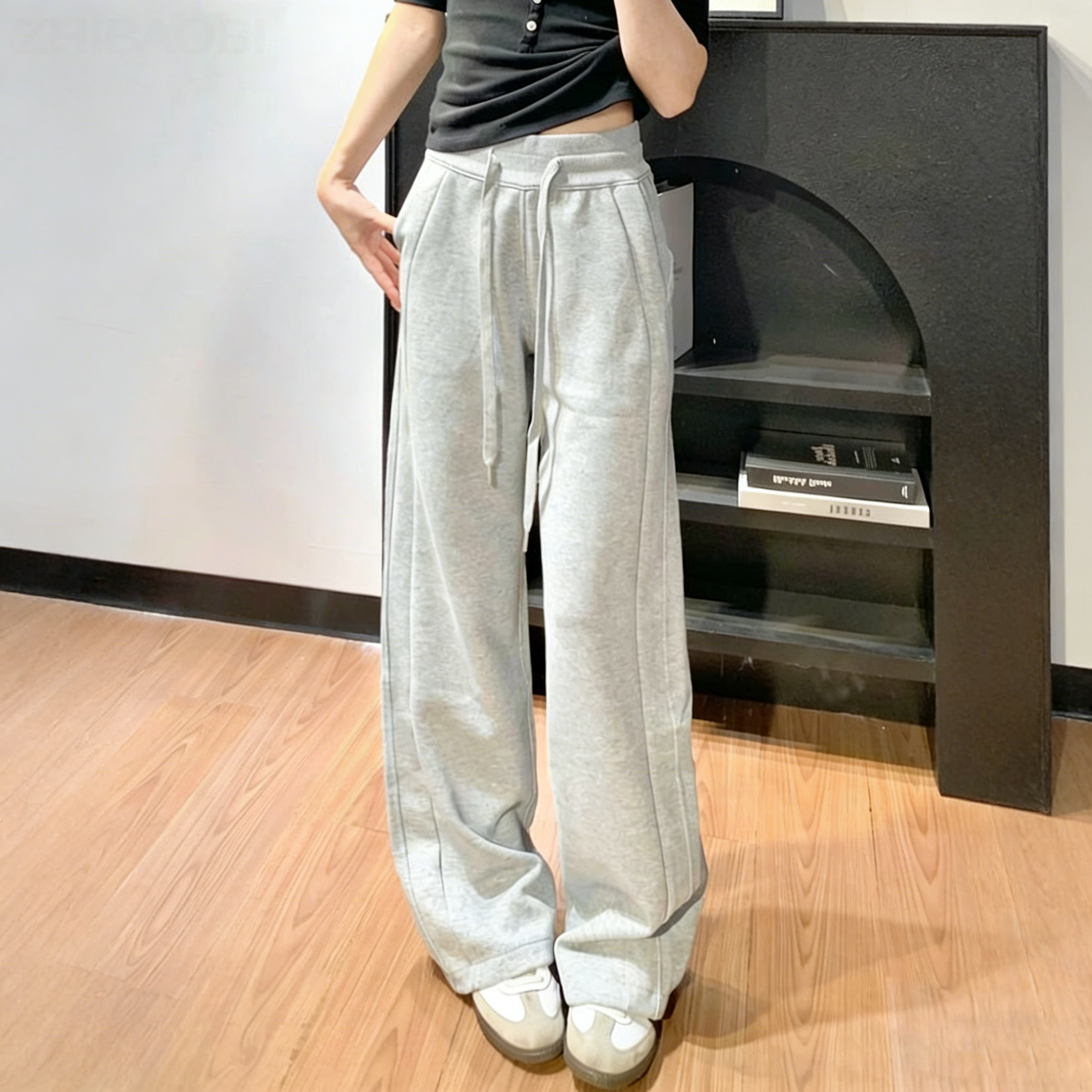 美式高腰窄版直筒顯瘦百搭運動休閒闊腿褲