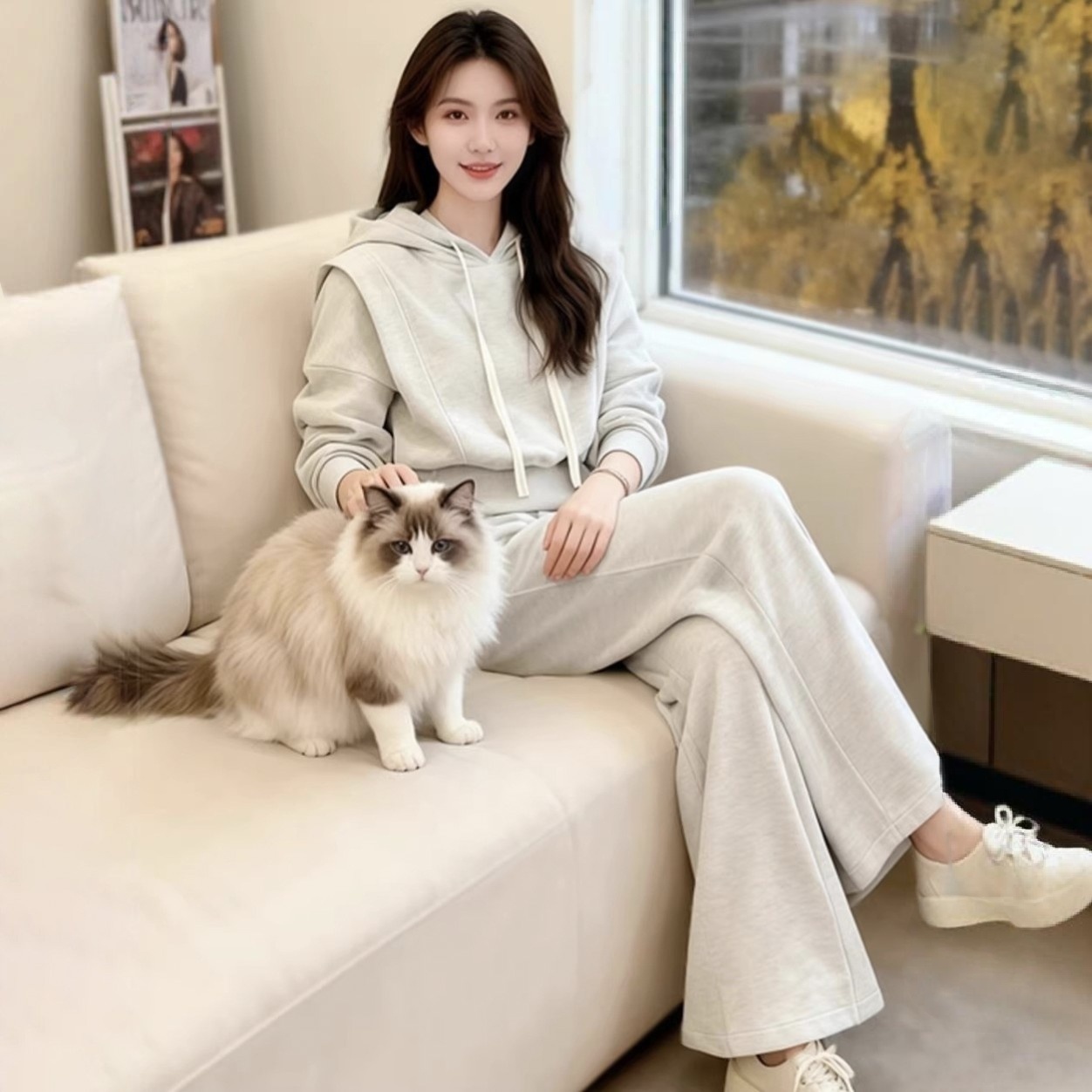 【整套】韓版大碼顯瘦時尚加絨拼接連帽衛衣+運動休閒褲兩件套