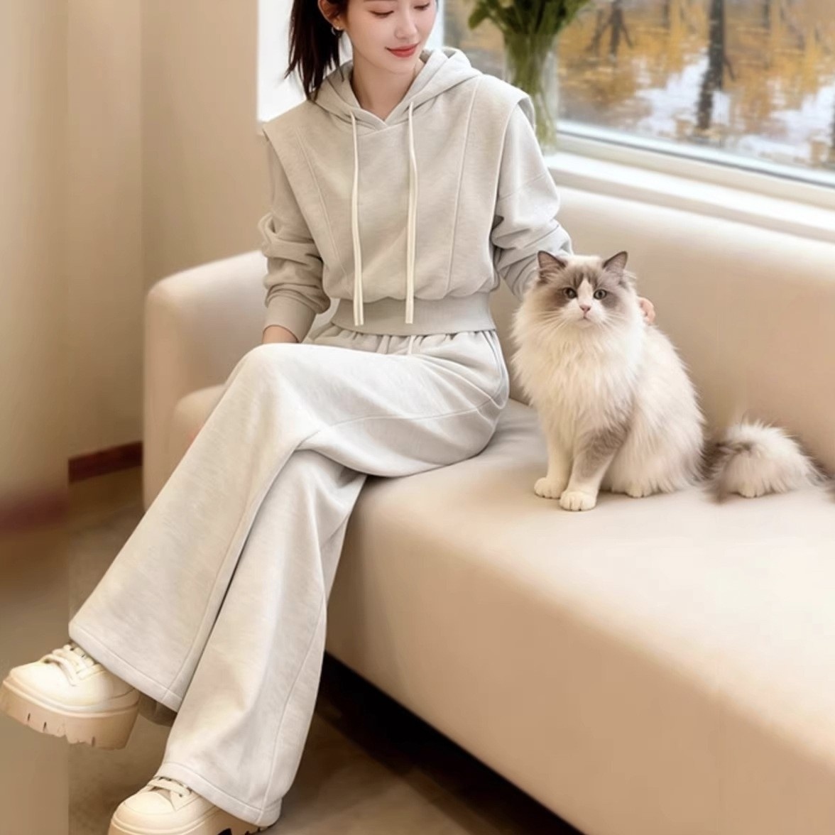 【整套】韓版大碼顯瘦時尚加絨拼接連帽衛衣+運動休閒褲兩件套