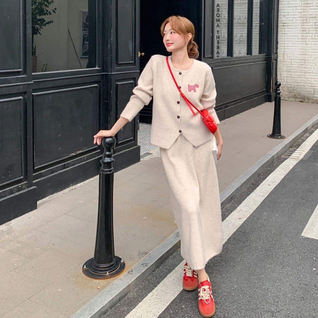 【整套】韓系減齡圓領學院風針織開衫+半身裙兩件套裝