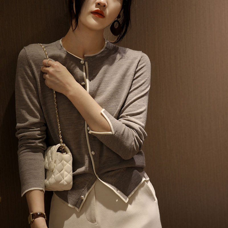 圓領拼色毛衣外套氣質長袖針織開衫