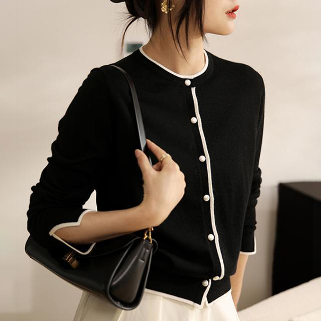 圓領拼色毛衣外套氣質長袖針織開衫