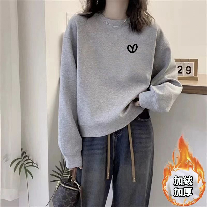 寬鬆休閒時尚百搭圓領刷毛加厚長袖T恤