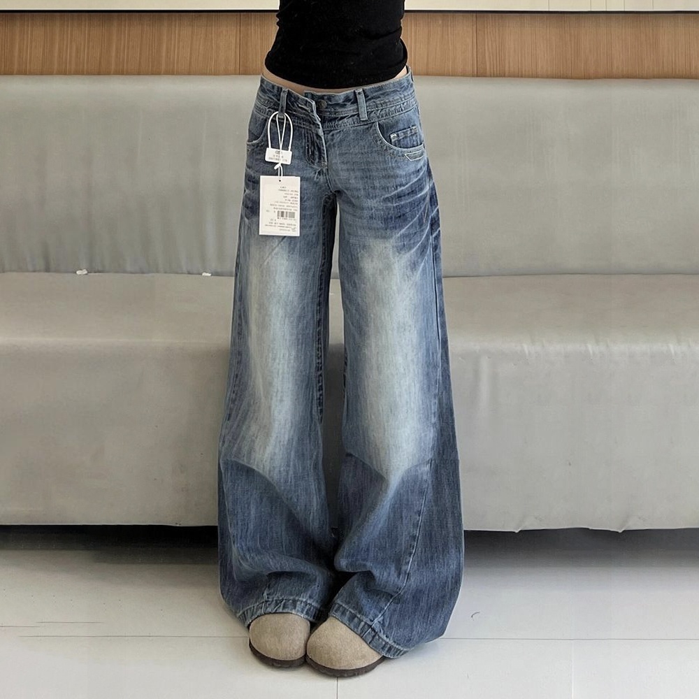 美式水洗磨白微喇低腰顯瘦闊腿拖地牛仔褲