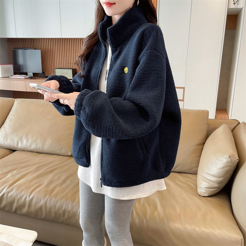 韓版笑臉刺繡藏青色拉鍊加厚立領羊羔外套