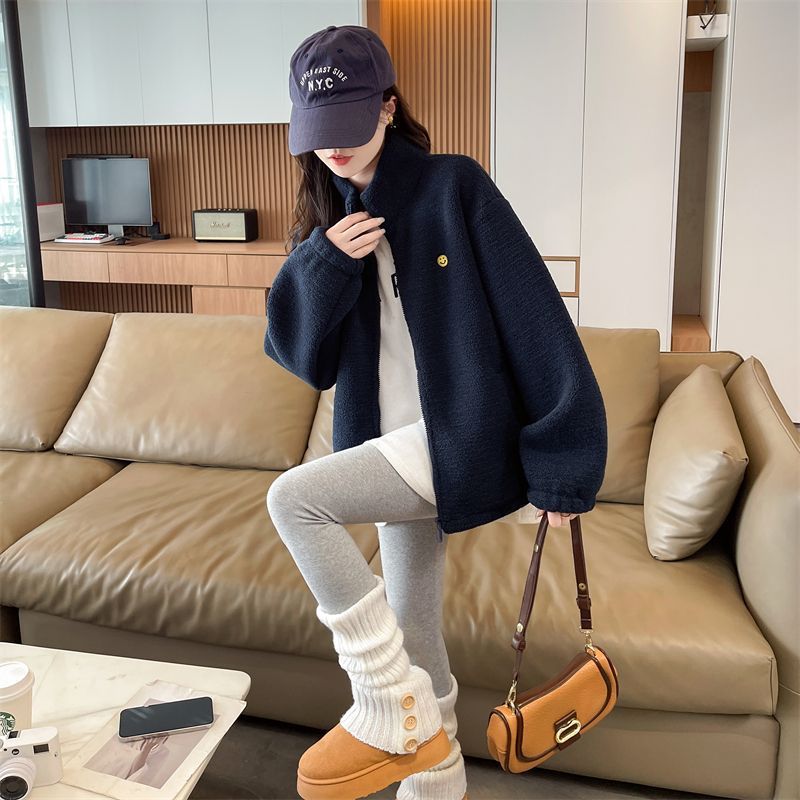 韓版笑臉刺繡藏青色拉鍊加厚立領羊羔外套