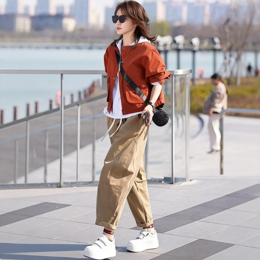 【單件/套裝】洋氣減齡百搭顯瘦長袖外套+時尚休閒褲兩件套