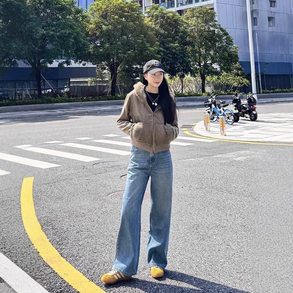 高腰垂感顯瘦寬鬆闊腿百搭直筒牛仔褲