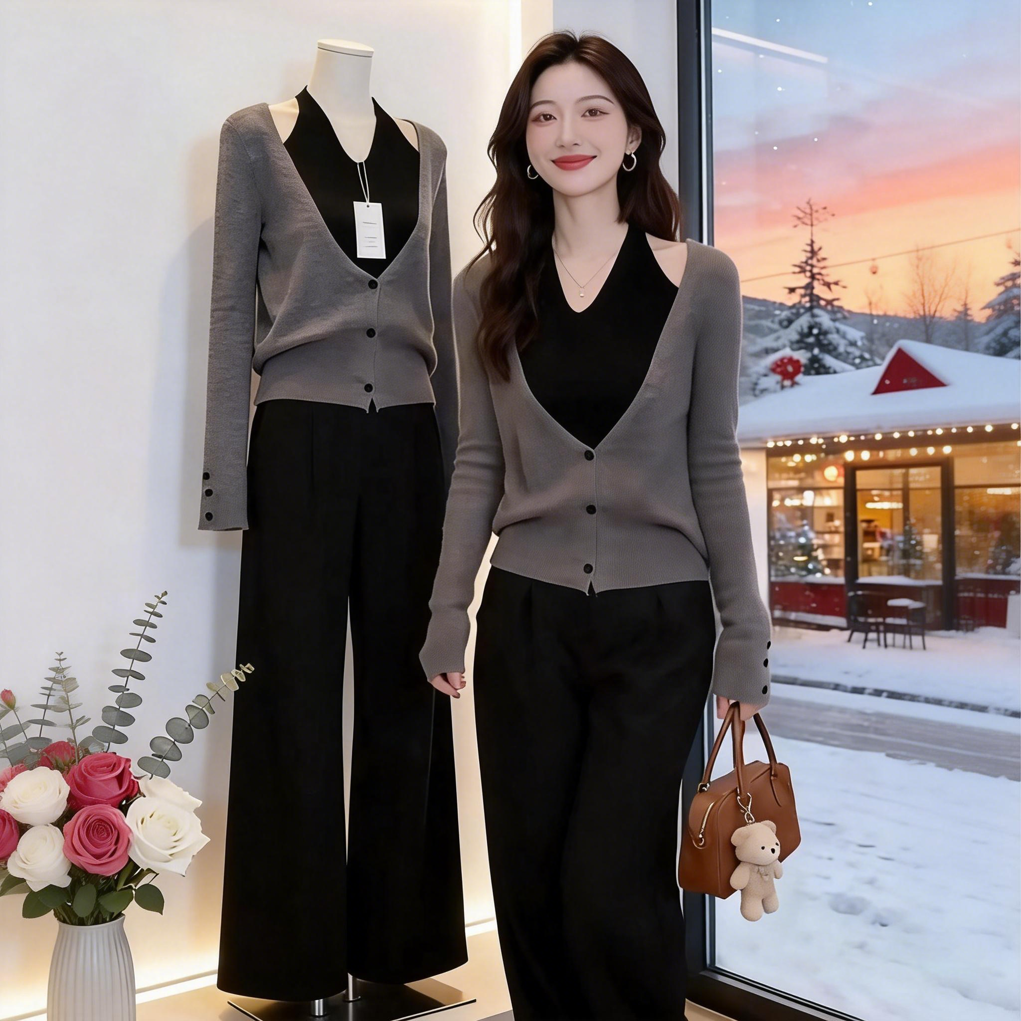 小眾掛脖設計感減齡韓系洋氣百搭假兩件長袖T恤