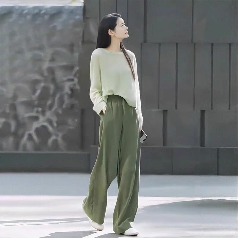 【整套】慵懶鬆弛感綠色圓領上衣+闊腿褲兩件套裝
