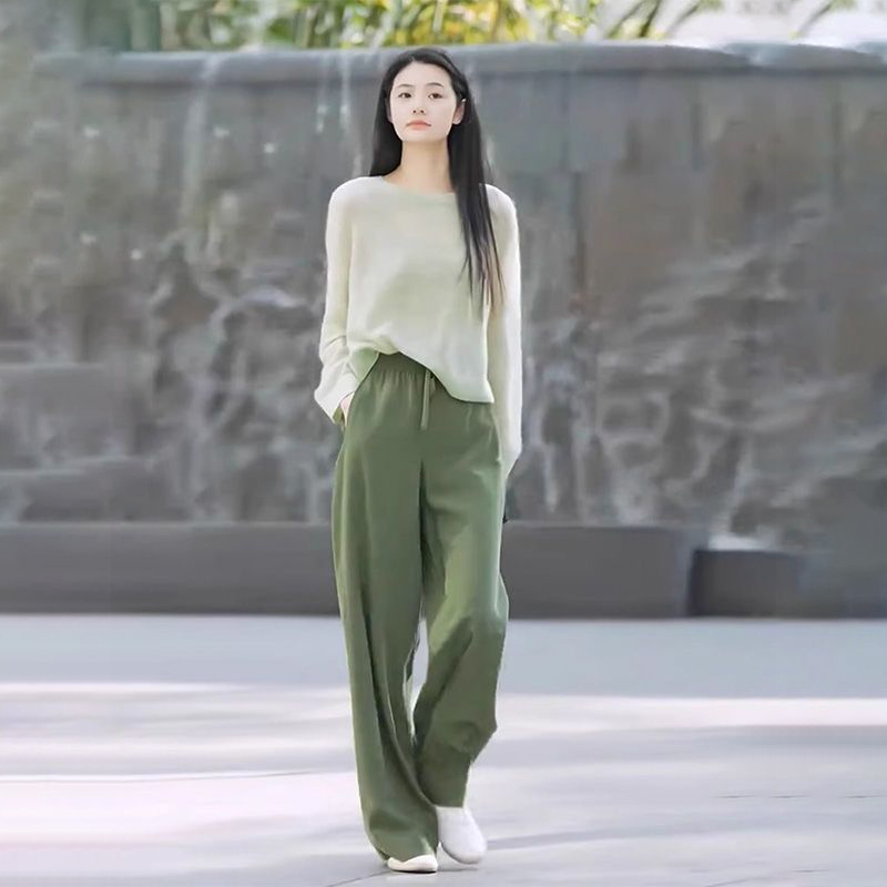【整套】慵懶鬆弛感綠色圓領上衣+闊腿褲兩件套裝