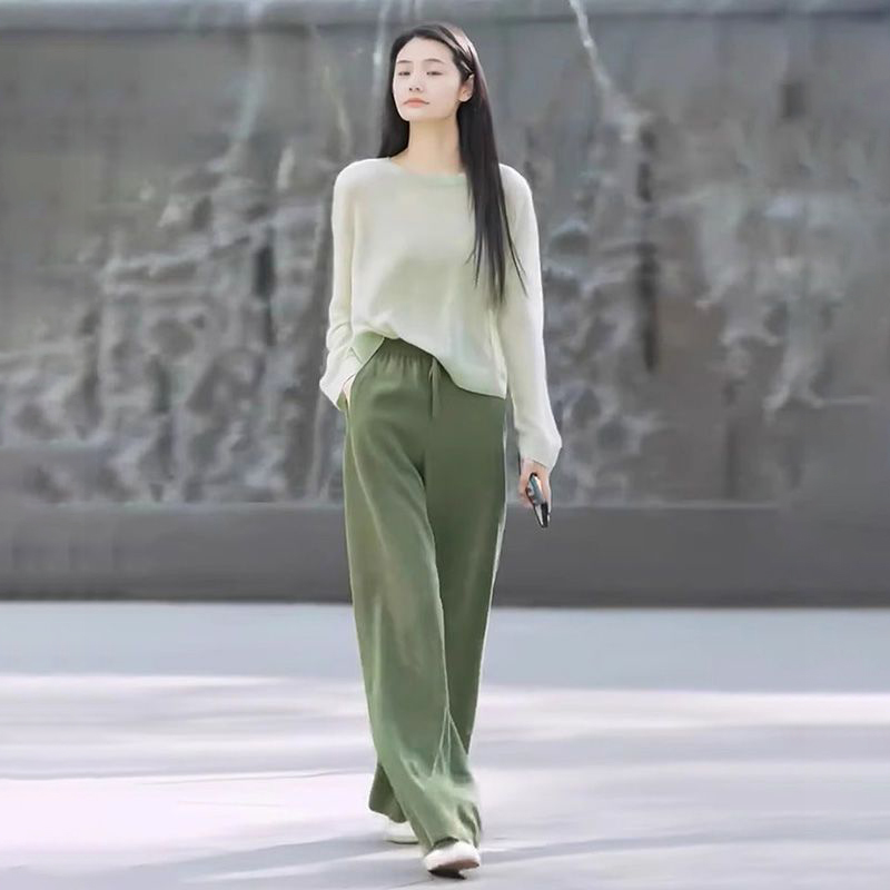 【整套】慵懶鬆弛感綠色圓領上衣+闊腿褲兩件套裝