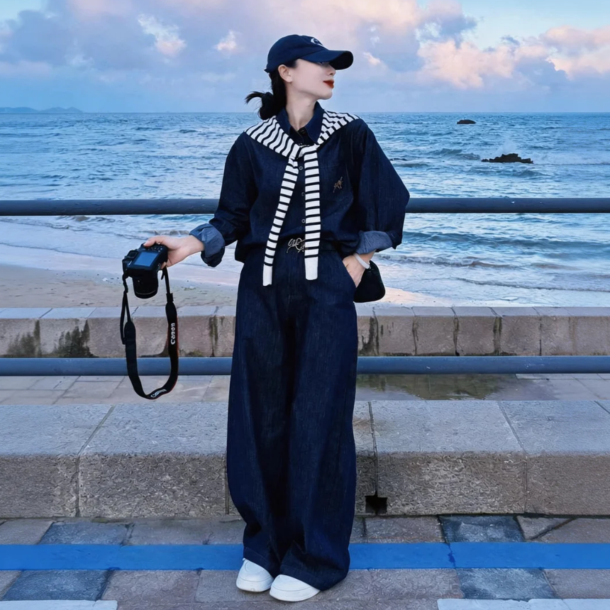 【單件/套裝】時尚小眾韓系辣妹牛仔襯衫+條紋披肩+闊腿褲三件套裝