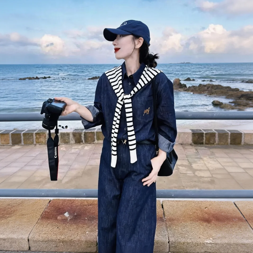 【單件/套裝】時尚小眾韓系辣妹牛仔襯衫+條紋披肩+闊腿褲三件套裝