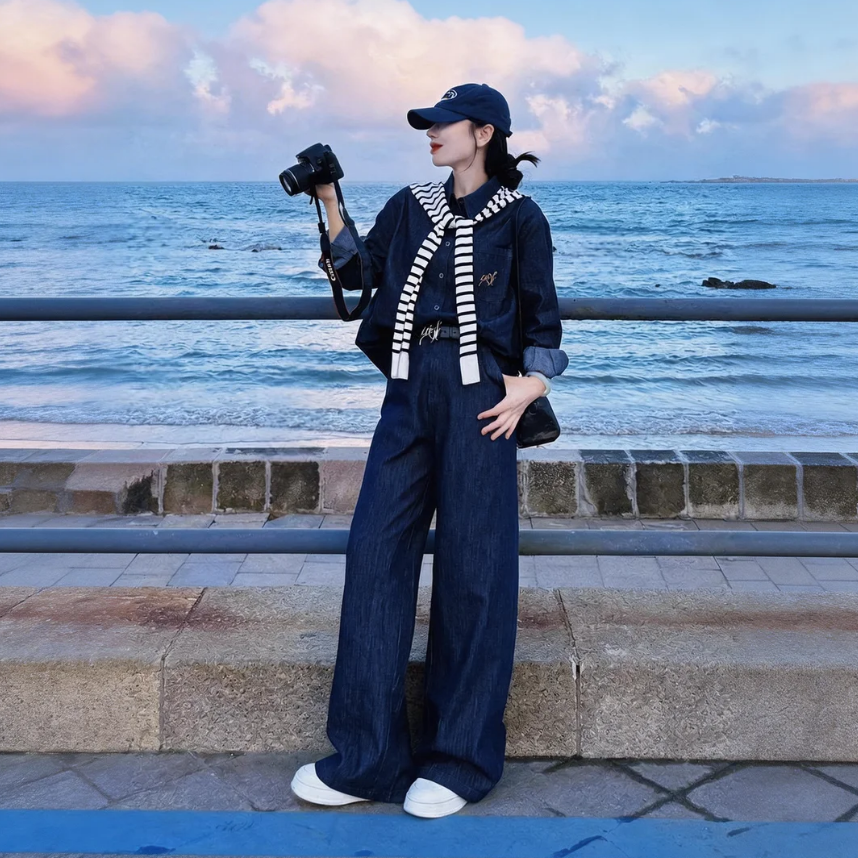 【單件/套裝】時尚小眾韓系辣妹牛仔襯衫+條紋披肩+闊腿褲三件套裝