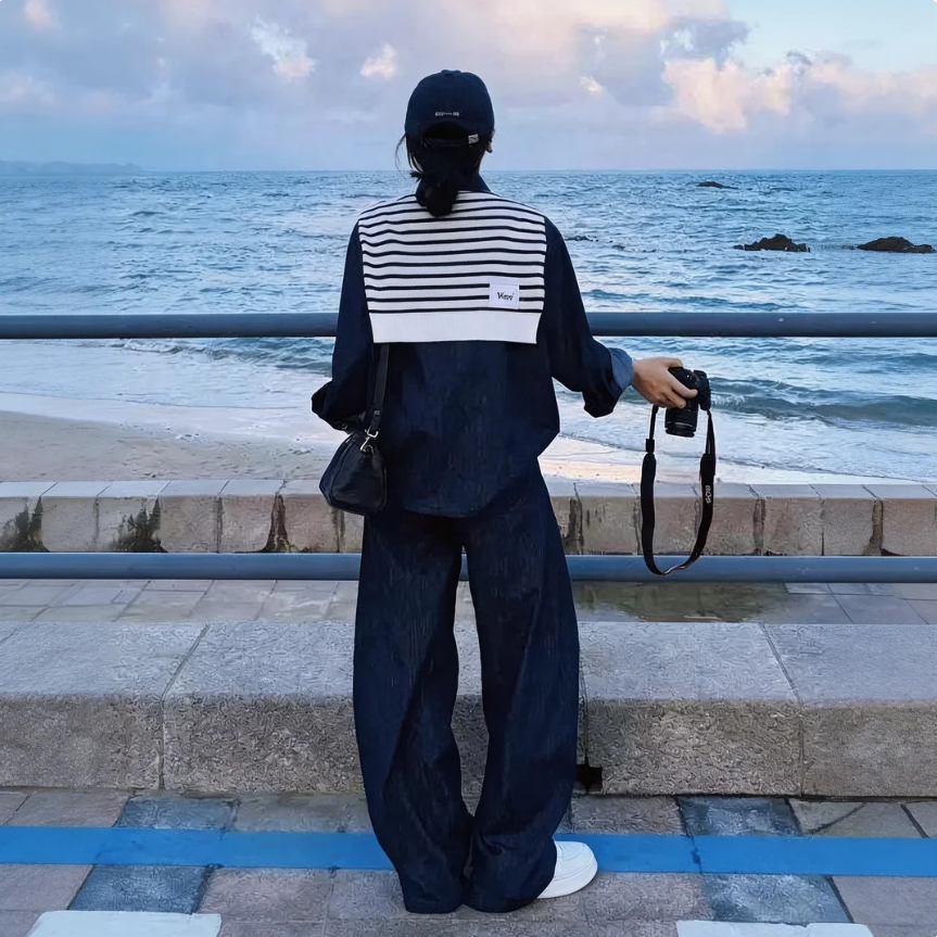 【單件/套裝】時尚小眾韓系辣妹牛仔襯衫+條紋披肩+闊腿褲三件套裝