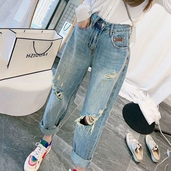 大碼時尚寬鬆破洞薄款遮胯顯瘦九分哈倫牛仔褲