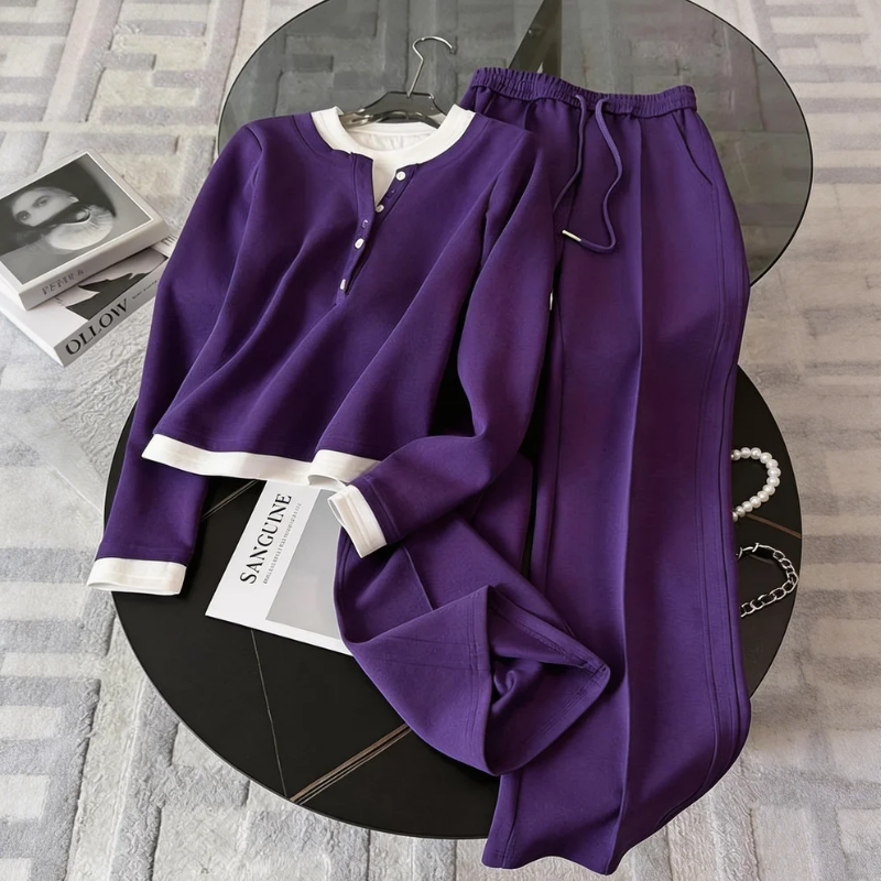 【整套】時尚設計感洋氣假兩件長袖T恤+休閑運動褲紫色兩件套