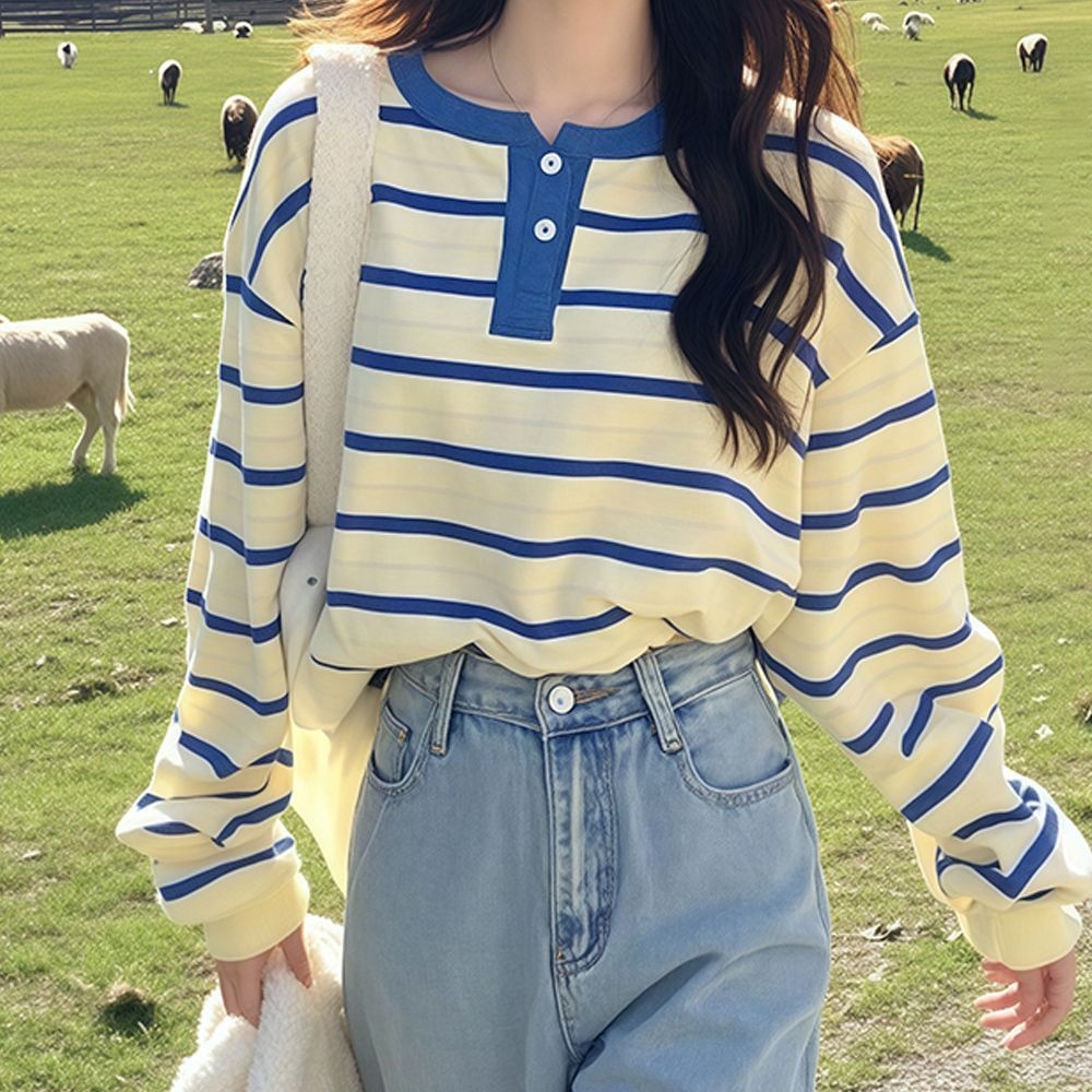 寬鬆半開扣設計感藍白條紋休閒長袖T恤