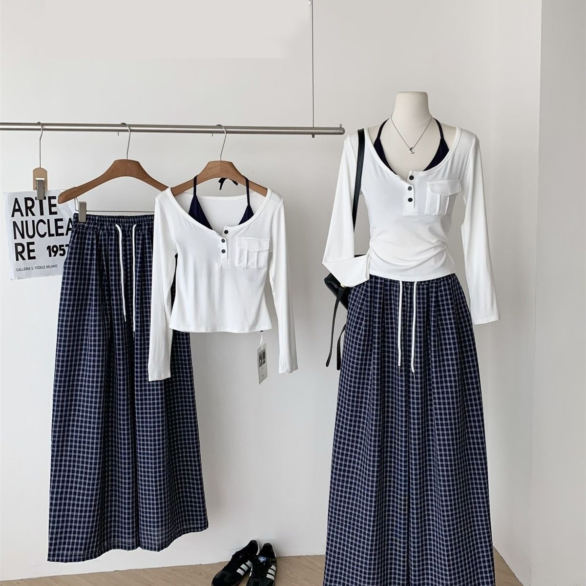 【單件/套裝】慵懶風韓系將兩件掛脖U領長袖T恤+高腰格紋闊腿褲兩件套裝