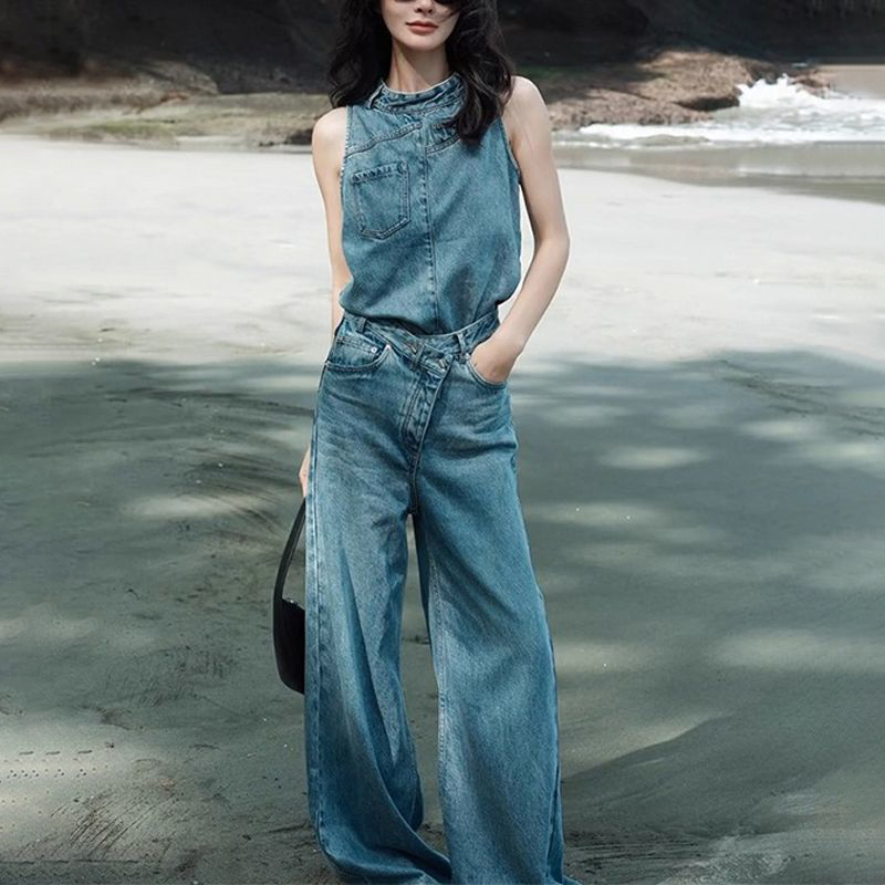 【單件/套裝】復古減齡氣質大碼牛仔背心上衣+休閑闊腿褲兩件套