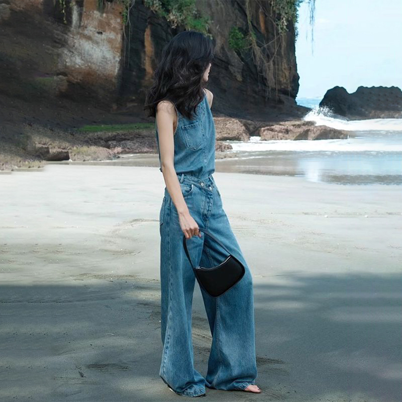 【單件/套裝】復古減齡氣質大碼牛仔背心上衣+休閑闊腿褲兩件套