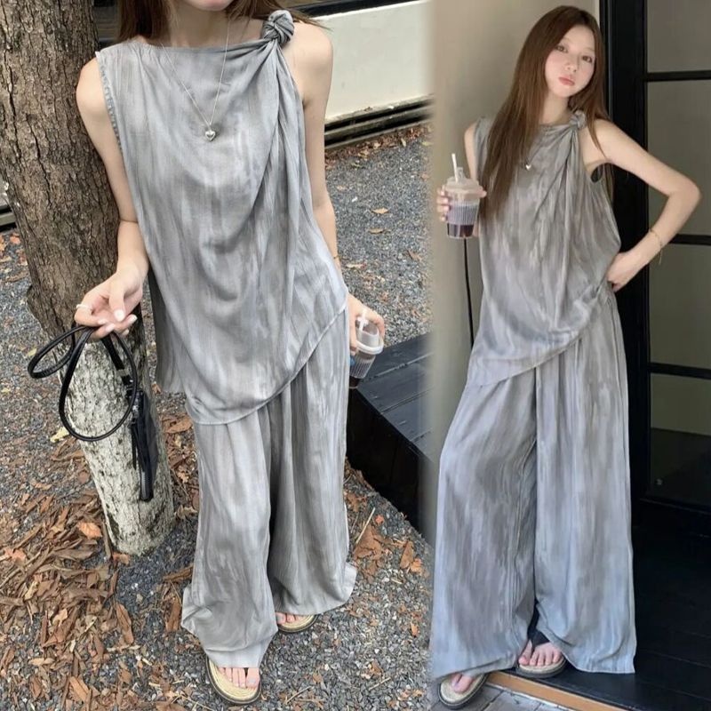 【單件/套裝】松弛感不規則無袖背心+闊腿拖地褲兩件套