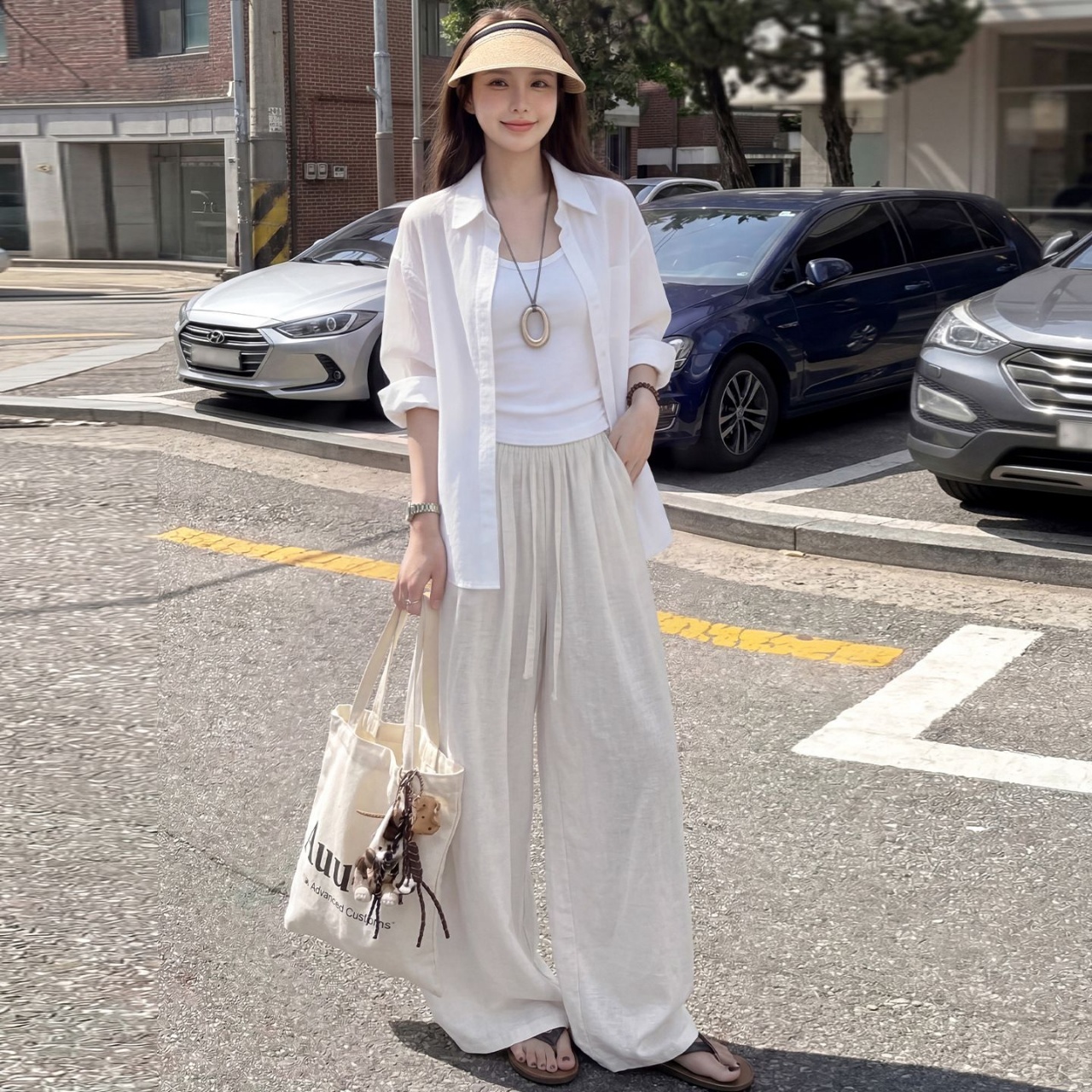 亞麻闊腿垂感寬鬆直筒棉綢外穿苧麻棉麻褲