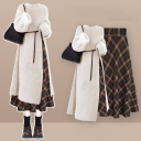 杏色毛衣+格紋半身裙【兩件套】