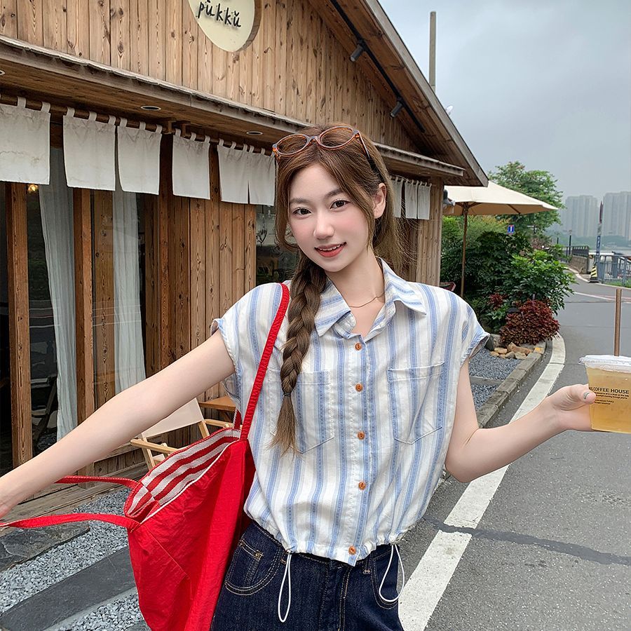 寬鬆百搭撞色條紋Polo領短袖襯衫