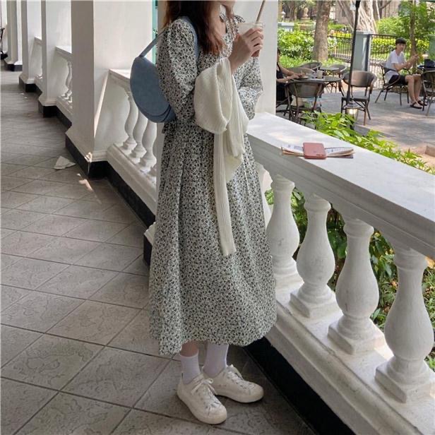 森系桔梗碎花氣質魚尾長版洋裝