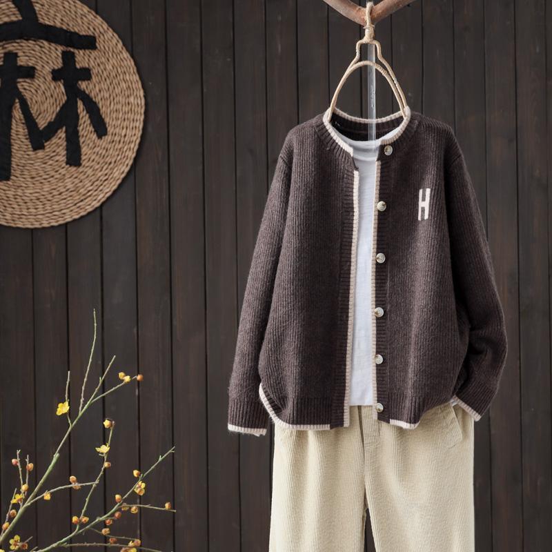 寬鬆素色圓領單排扣百搭通勤文藝針織開衫