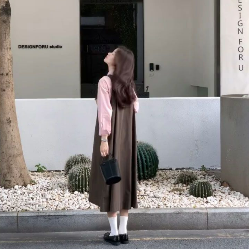 【單件/套裝】減齡粉色長袖襯衫+寬鬆背帶長裙兩件套