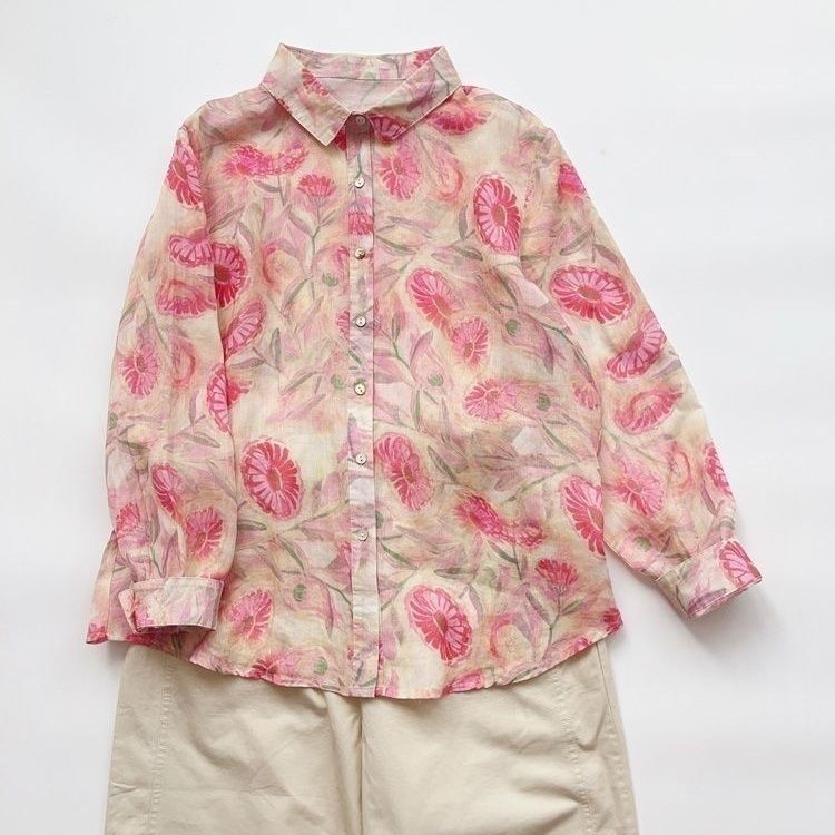 巨好看碎花小衫百搭韓版寬鬆薄款法式百搭女上衣粉色印花襯衫
