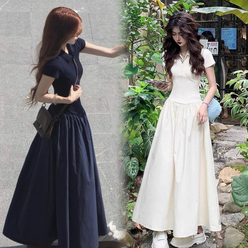 休閒polo領短袖拼接大擺慵懶長版洋裝