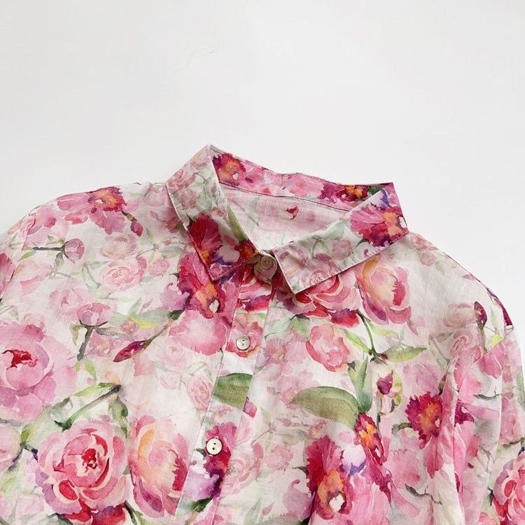 巨好看碎花小衫百搭韓版寬鬆薄款法式百搭女上衣粉色印花襯衫