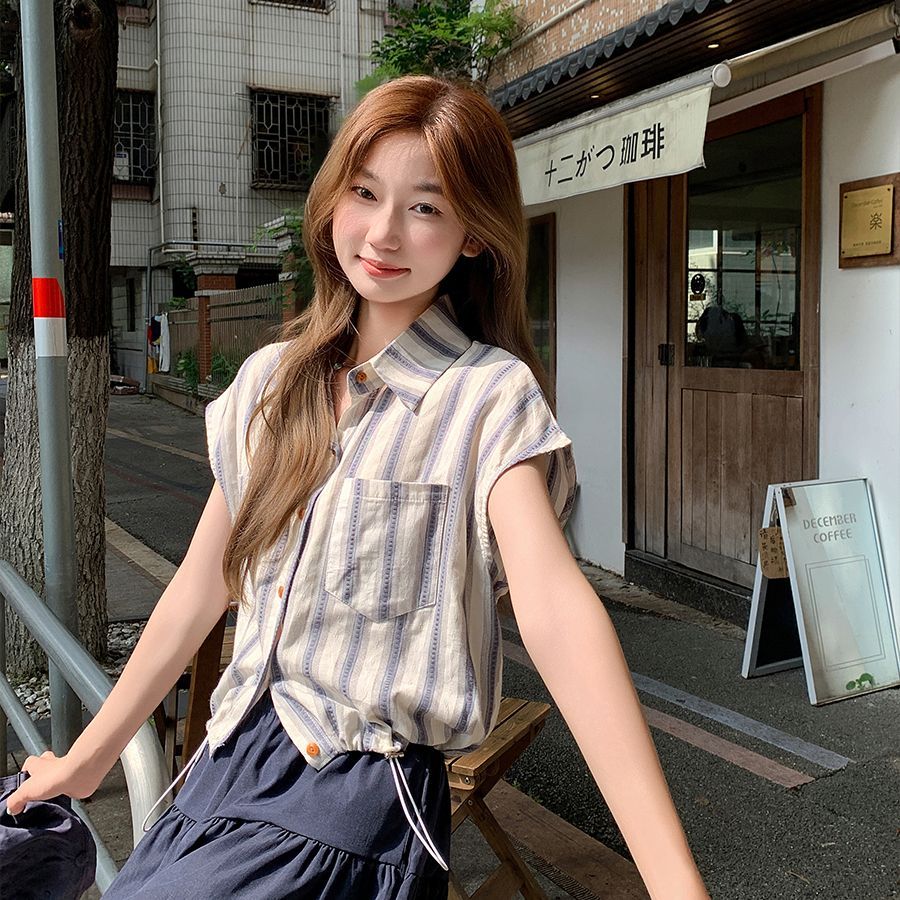 寬鬆百搭撞色條紋Polo領短袖襯衫