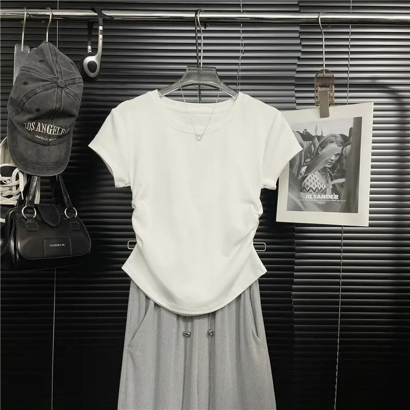 別緻洋氣圓領設計感褶皺收腰百搭顯瘦正肩短袖T恤