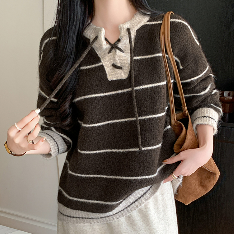 條紋針織衫拼色套頭系帶開領高級感撞色毛衣