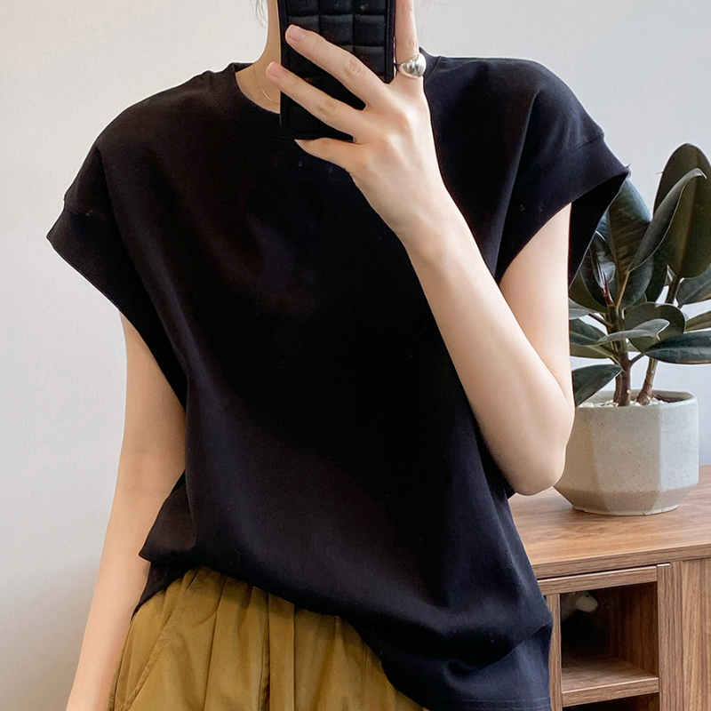 純棉落肩高級感寬鬆減齡洋氣小衫無袖短袖t恤