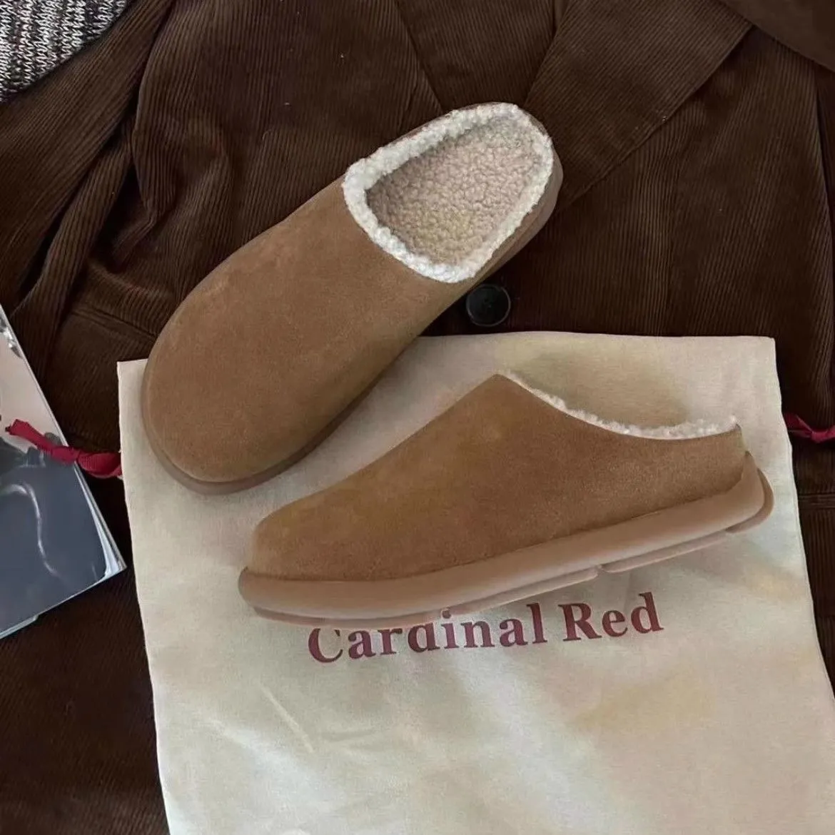 包頭勃肯鞋皮毛一體外穿厚底穆勒鞋刷毛半拖鞋
