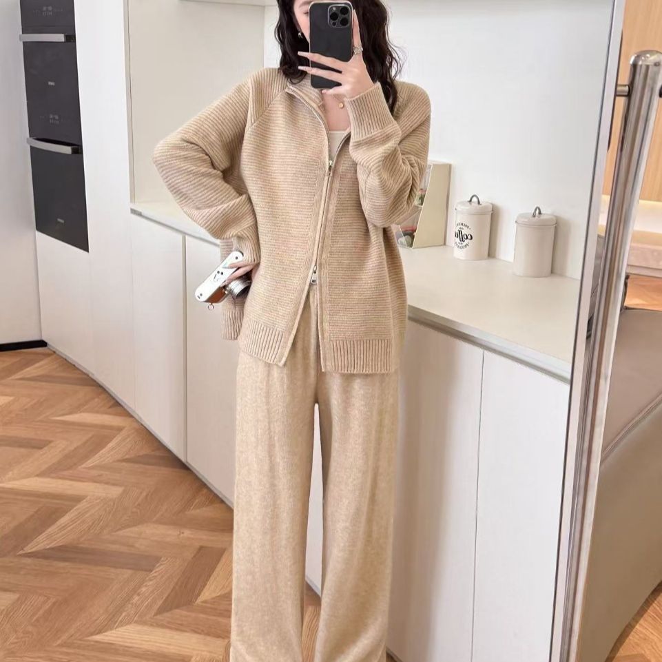 【整套】韓系時尚拉鏈針織翻領百搭毛衣+寬鬆休閒闊腿褲兩件套