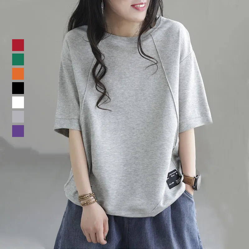 文藝純棉寬鬆復古圓領拼接短袖T恤