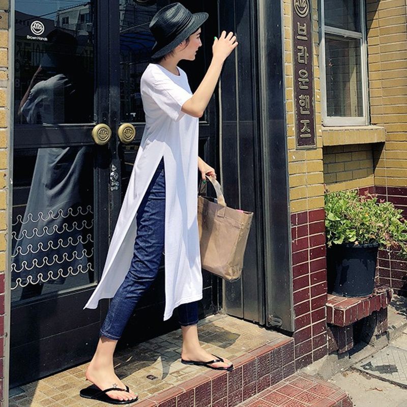 韓版寬鬆大碼休閒時尚過膝長版雙開叉短袖T恤