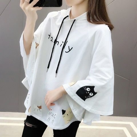 時尚貓咪印花寬鬆顯瘦斗篷款蝙蝠袖連帽衛衣